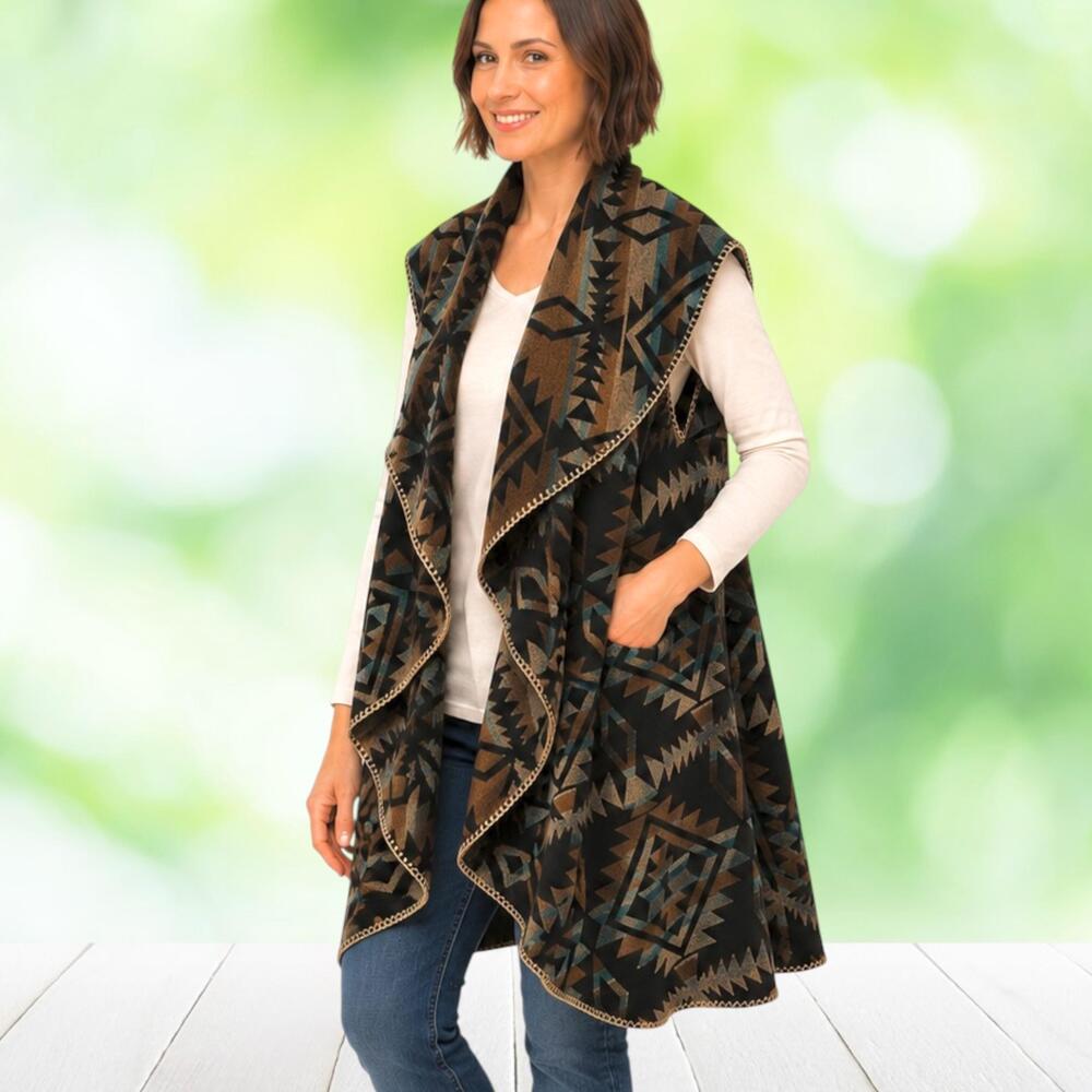 Aztec Blanket Vest Open Front Shawl Collar Boho Geo Southwestern Earth Tones OS